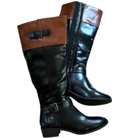 Rampage Ivey Two Tone Faux Leather Heeled Riding Boots Black Brown Size 6.5m